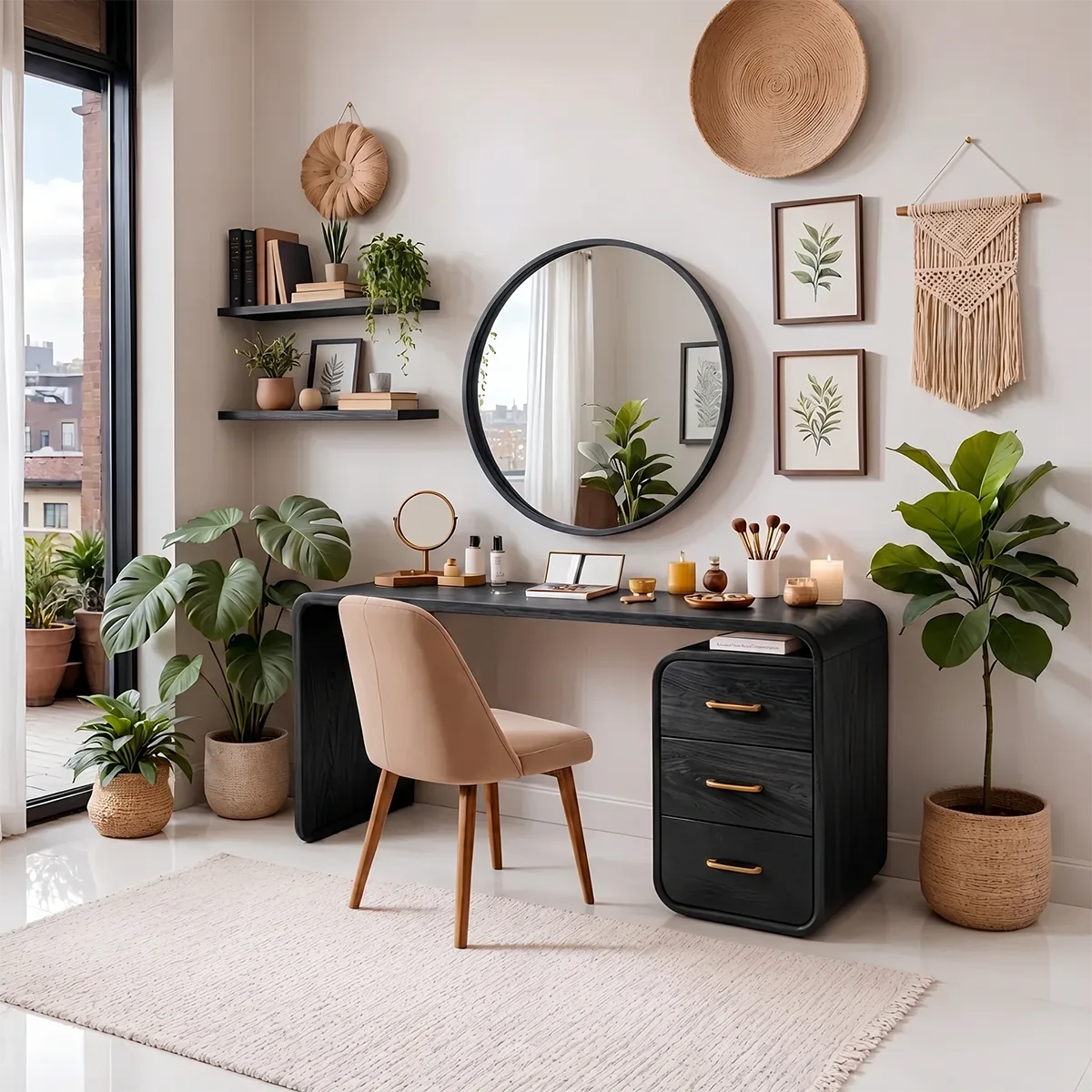 Curved Solid Wood Vanity Desk with Drawer Storage