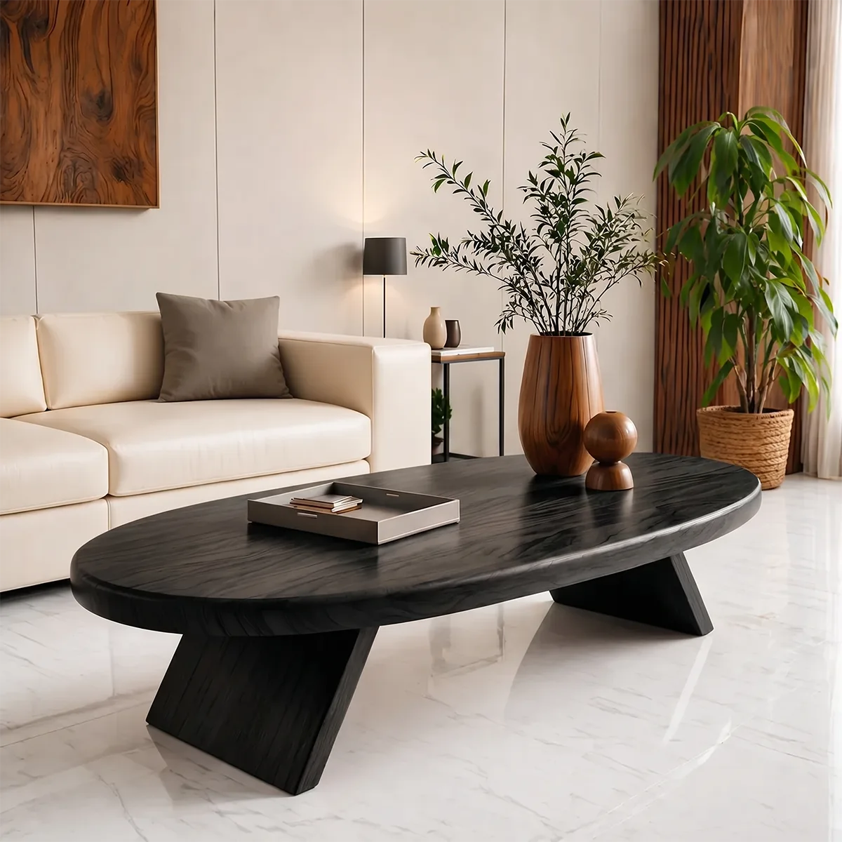 Modern Solid Wood Oval Coffee Table with Slanted Pedestal Legs