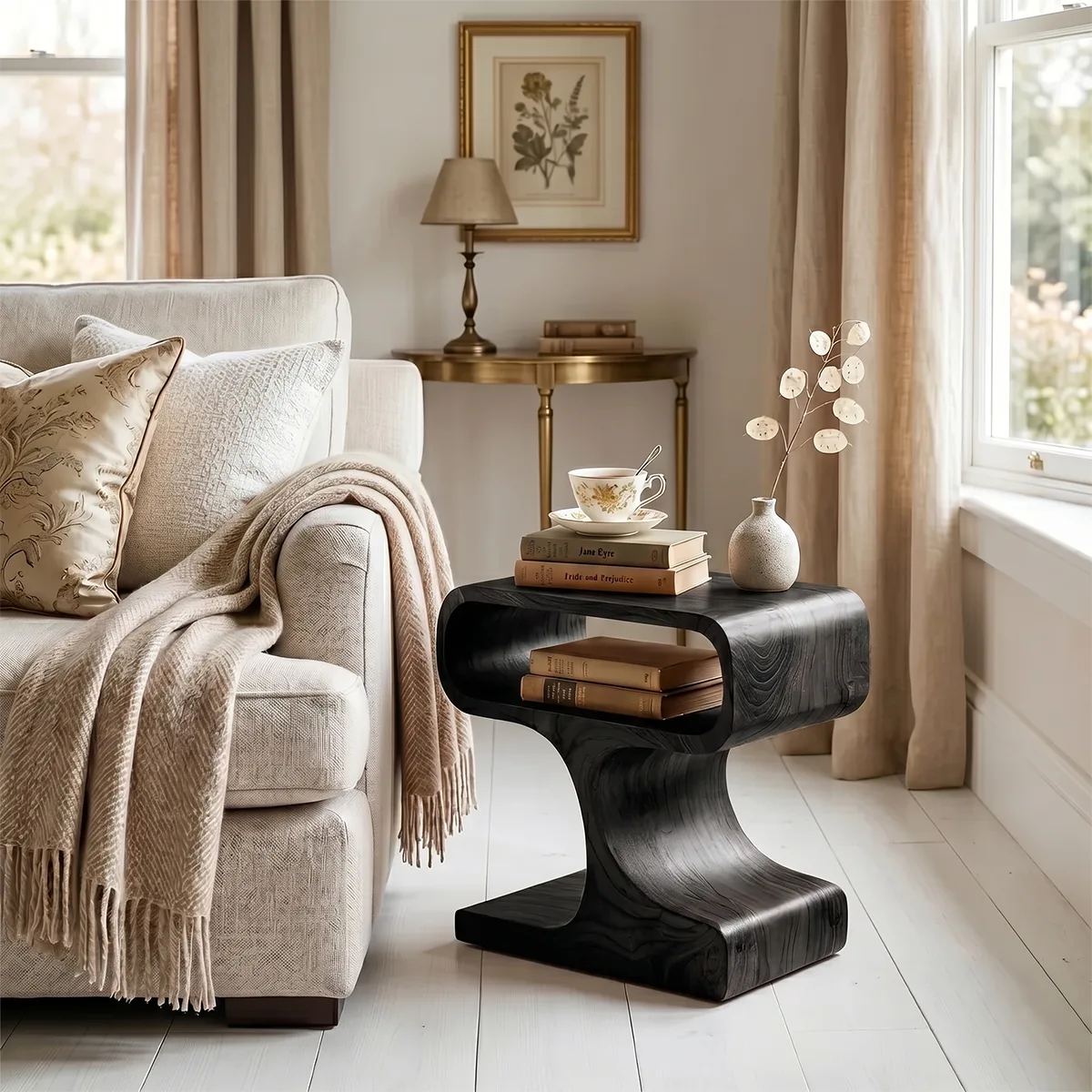 Solid Wood Sculptural Side Table with Storage | Modern End Table TH003-1002