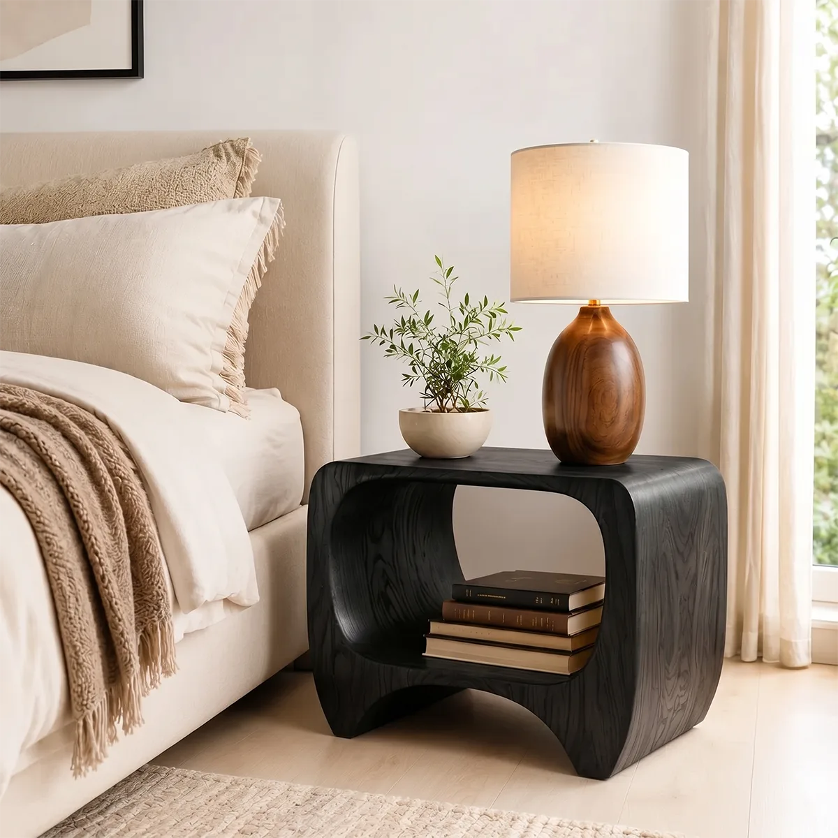 Organic Solid Wood Nightstand with Open Storage Shelf