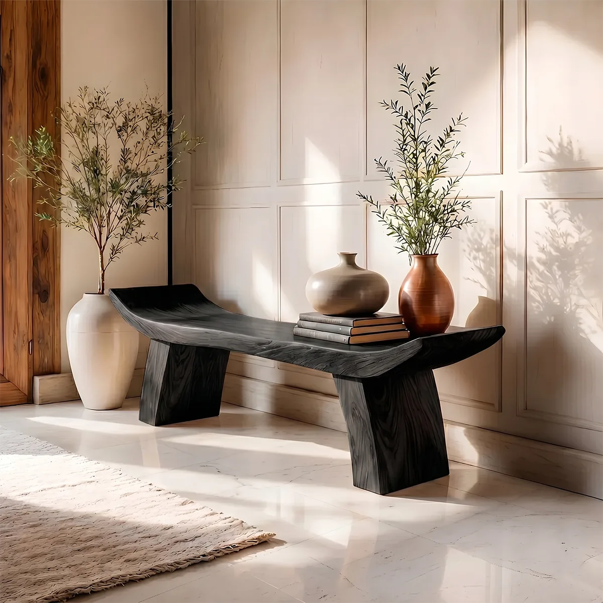 Handcrafted Curved Solid Wood Bench for Modern Entryway and Sculptural Interior Decor