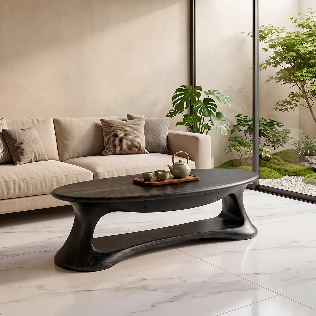 Modern Organic Coffee Table | Oval Coffee Table with Shelf for Living Room TH003-4419
