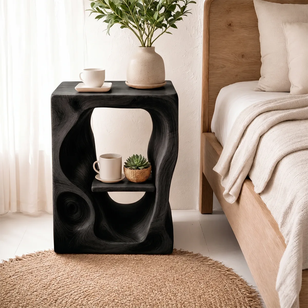Organic Sculptural Wooden Nightstand with Open Shelf