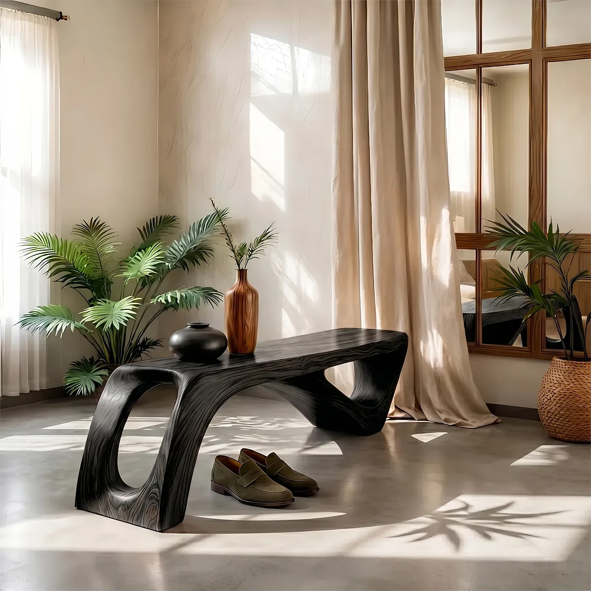 Sculptural Solid Wood Entryway Bench for Organic Modern and Contemporary Interiors