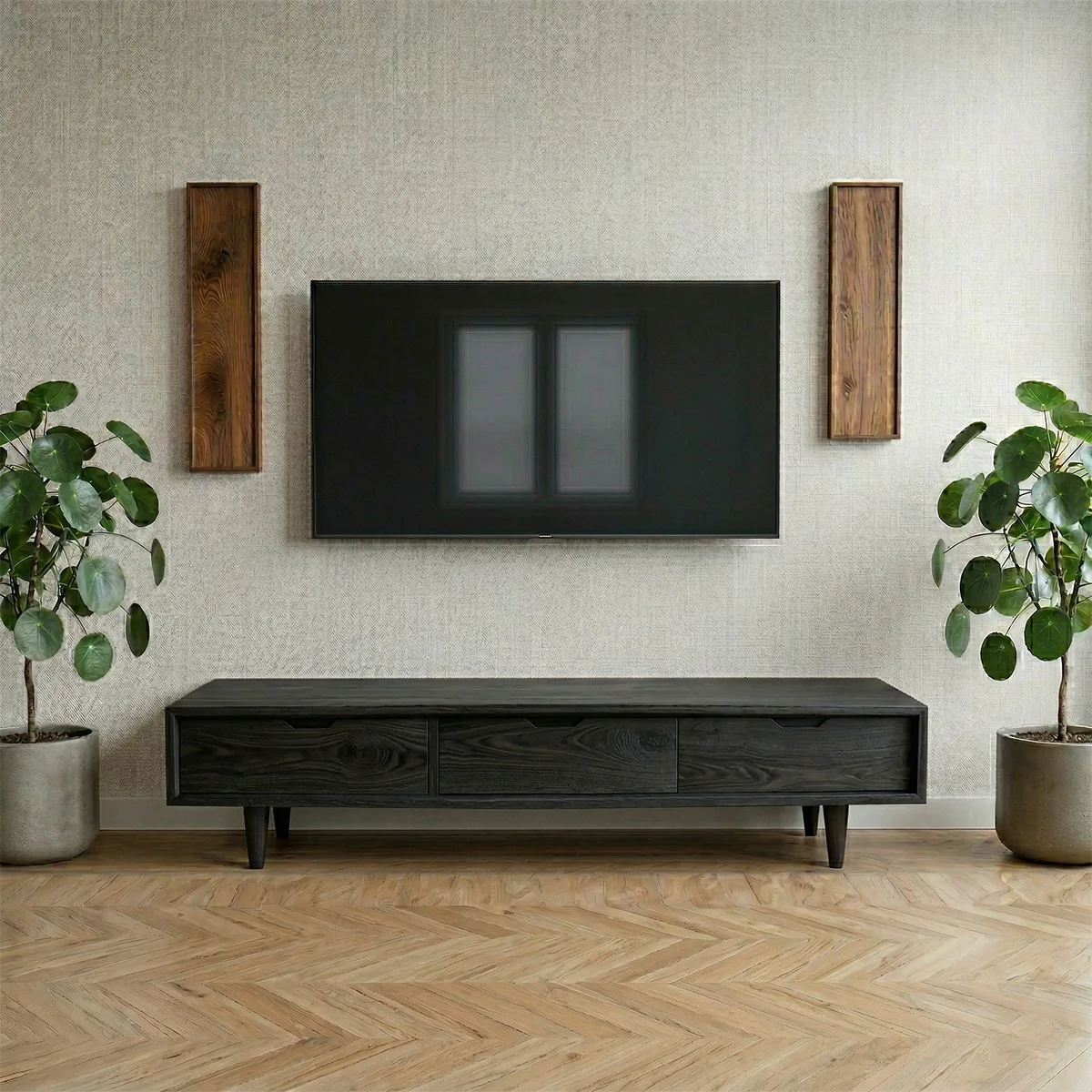 Solid Wood TV Stand with 3 Drawers and Low Mid-Century Profile