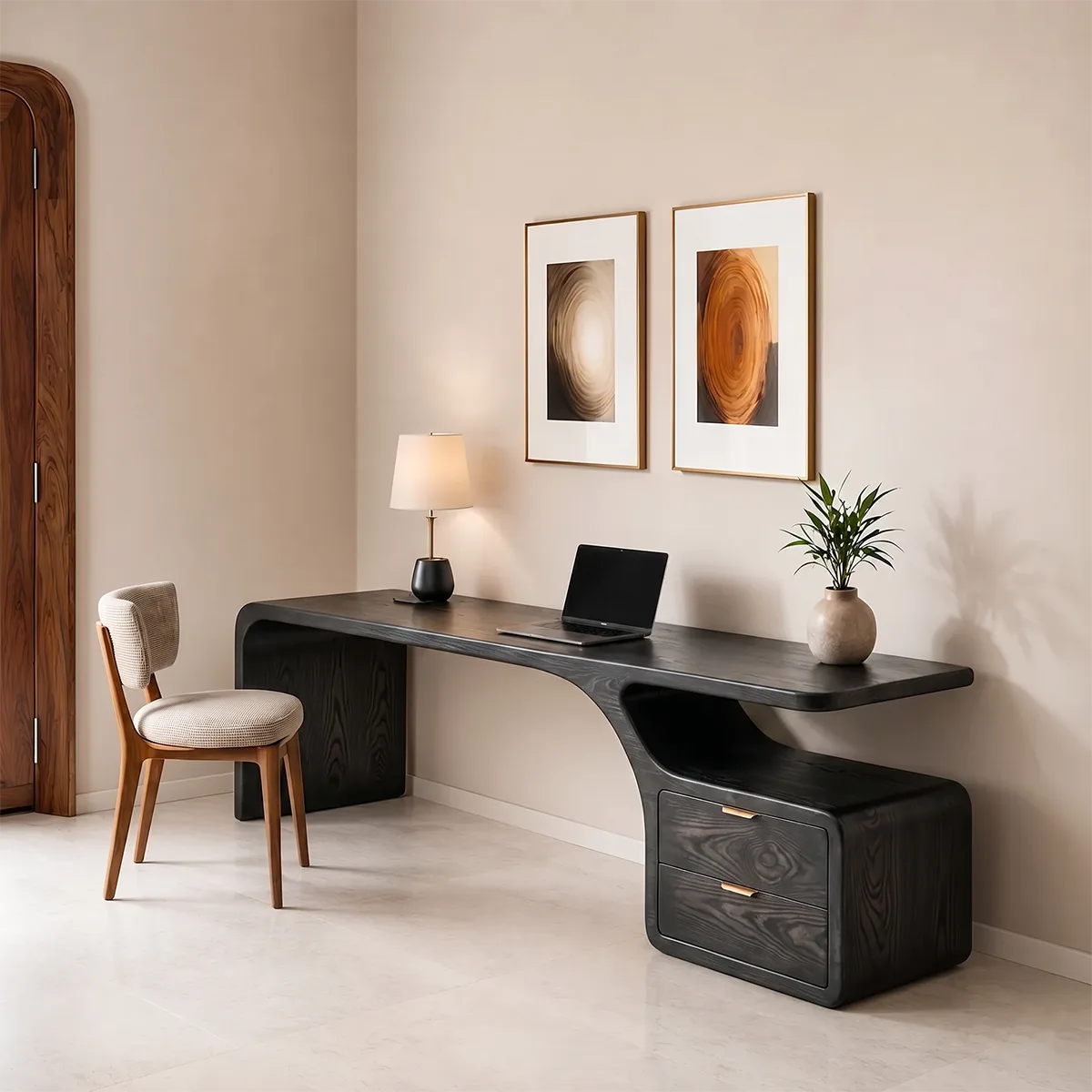 Solid Wood Executive Desk – Modern Organic Curved Writing Desk with Drawers TH003-3280