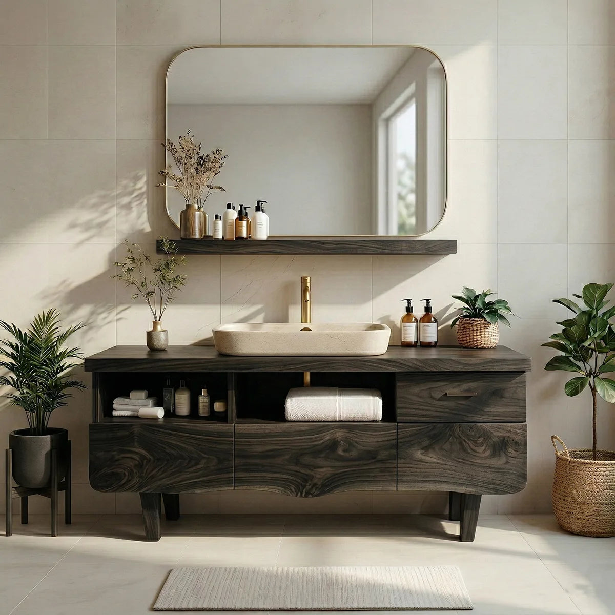 Contemporary Solid Wood Bathroom Vanity with Wave Front and Open Shelf