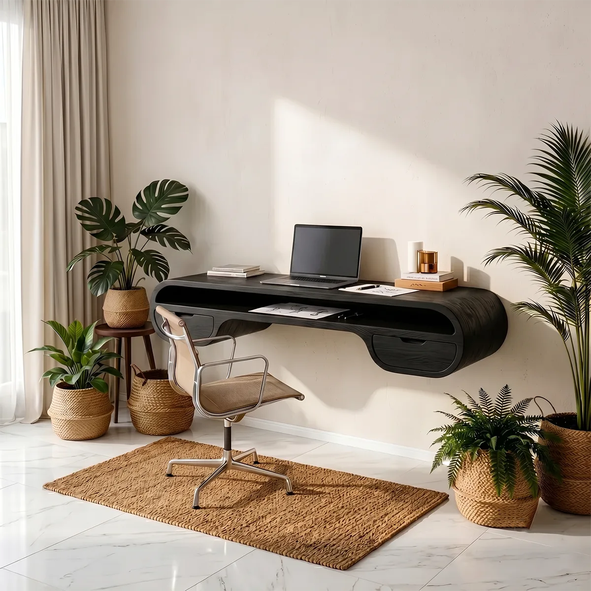 Organic Modern Floating Desk | Curved Wall Mounted Home Office Desk TH003-7888
