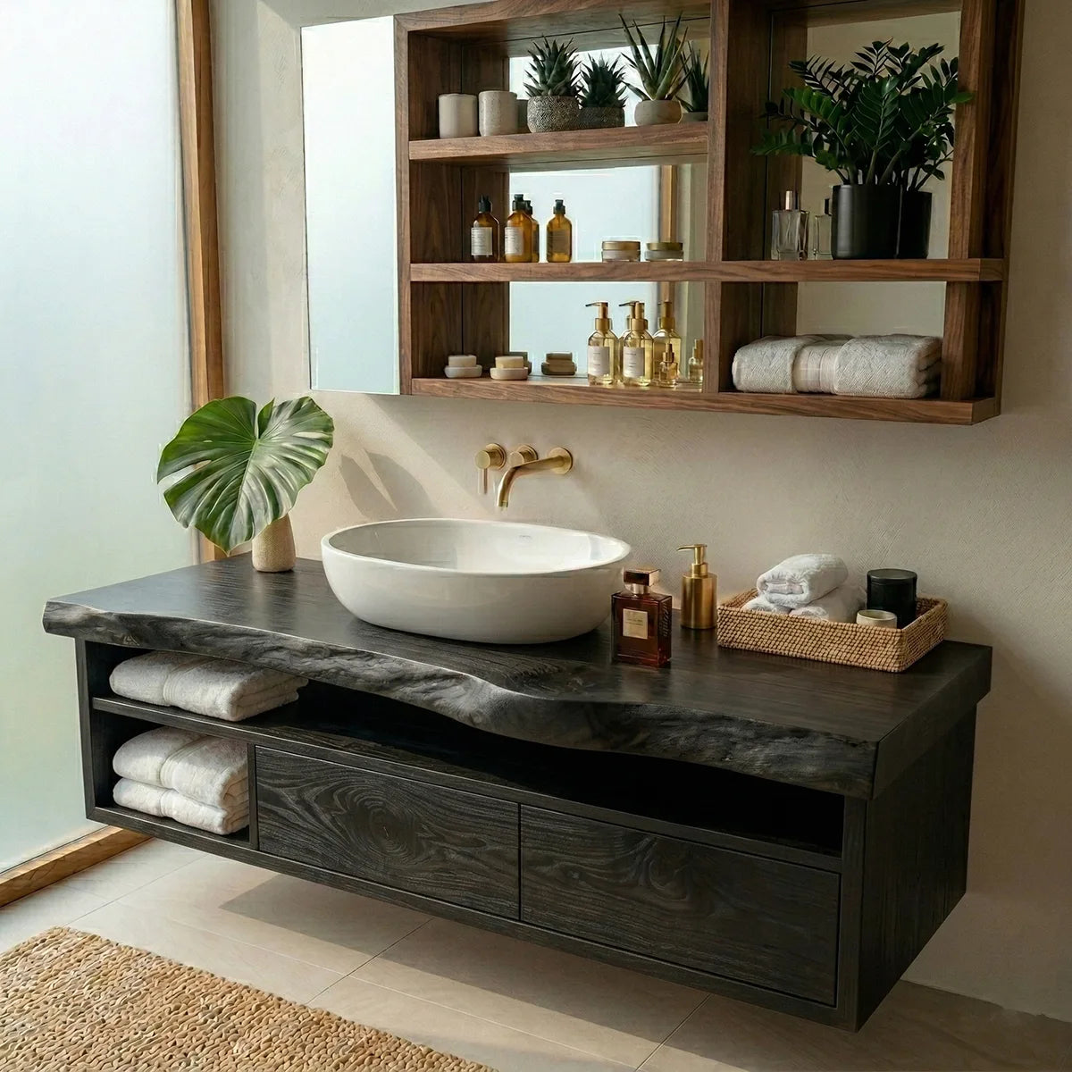Floating Solid Wood Bathroom Vanity with Live Edge Top and Drawers