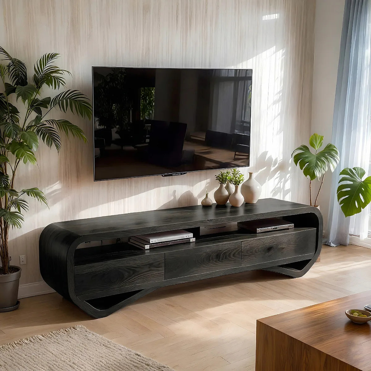 Solid Wood TV Stand with Curved Open Shelves and 3 Drawers