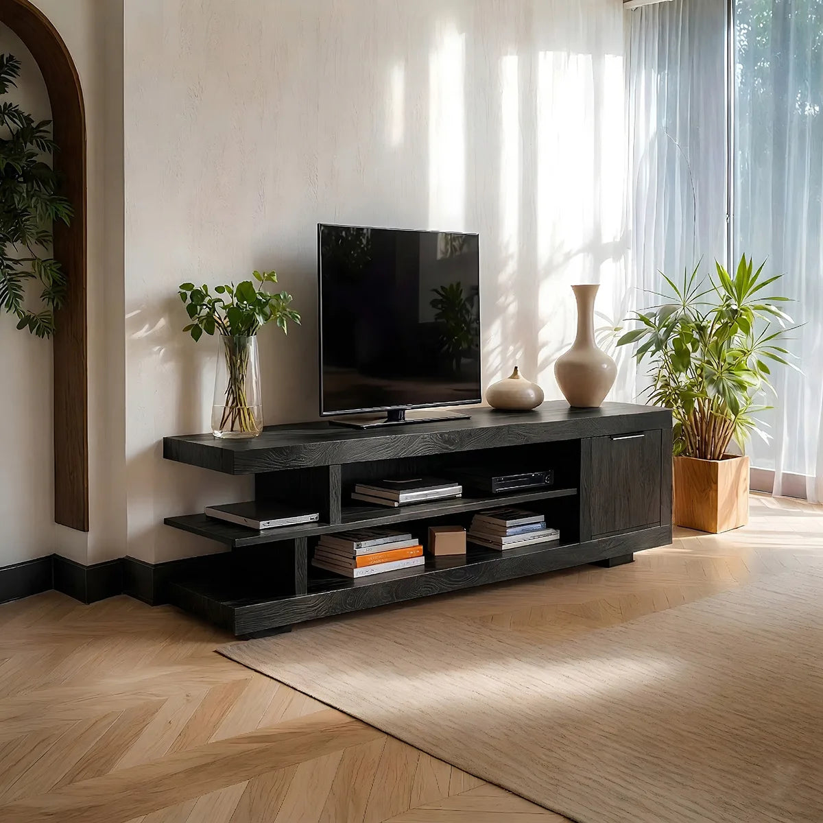 Solid Wood TV Cabinet with Open Shelves and Side Door Storage