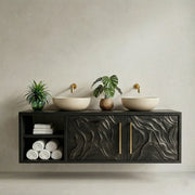 Handcrafted Solid Wood Floating Bathroom Vanity Cabinet with Carved Doors and Open Shelf