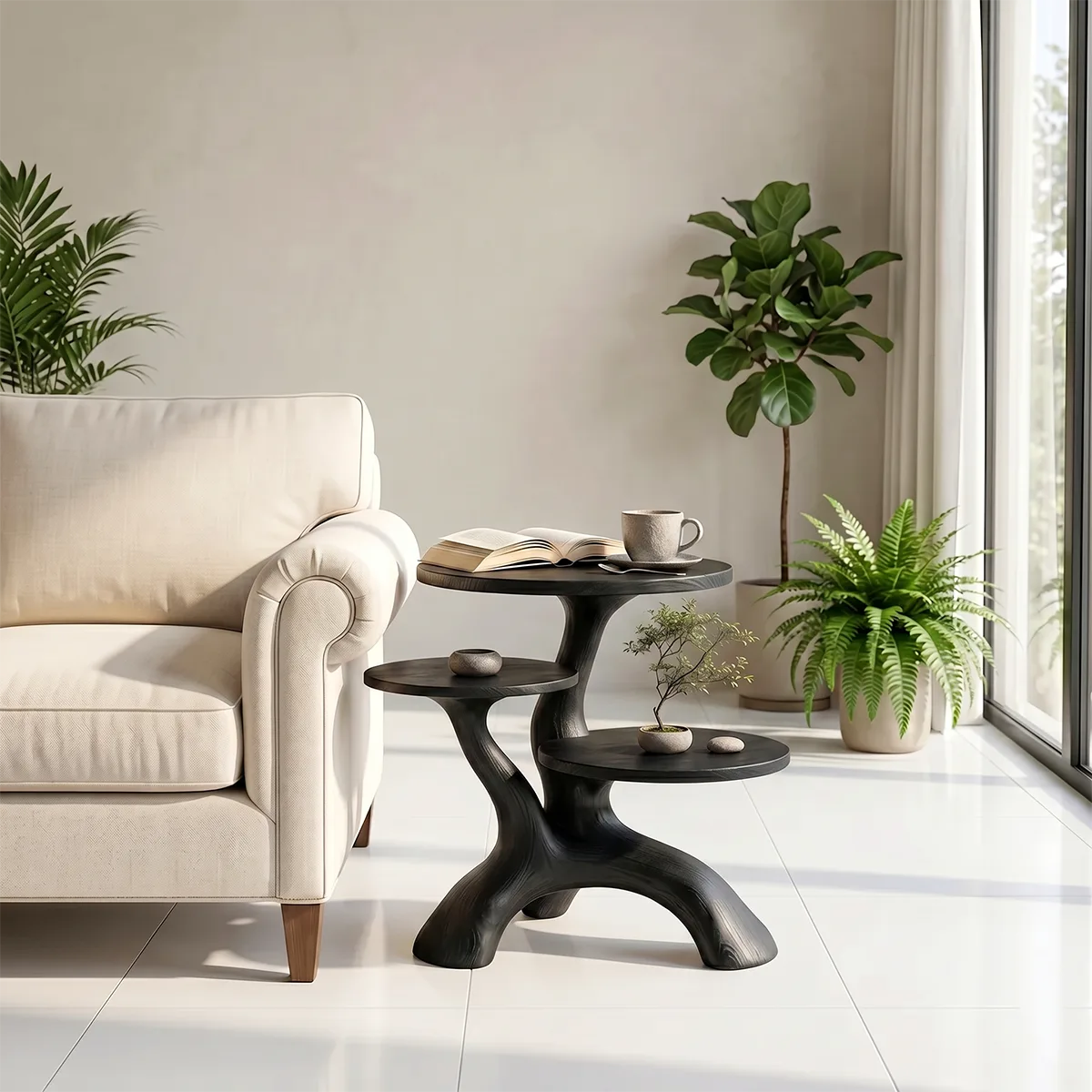 Handcrafted Solid Wood 3-Tier End Table – Sculptural Organic Side Table TH003-2515