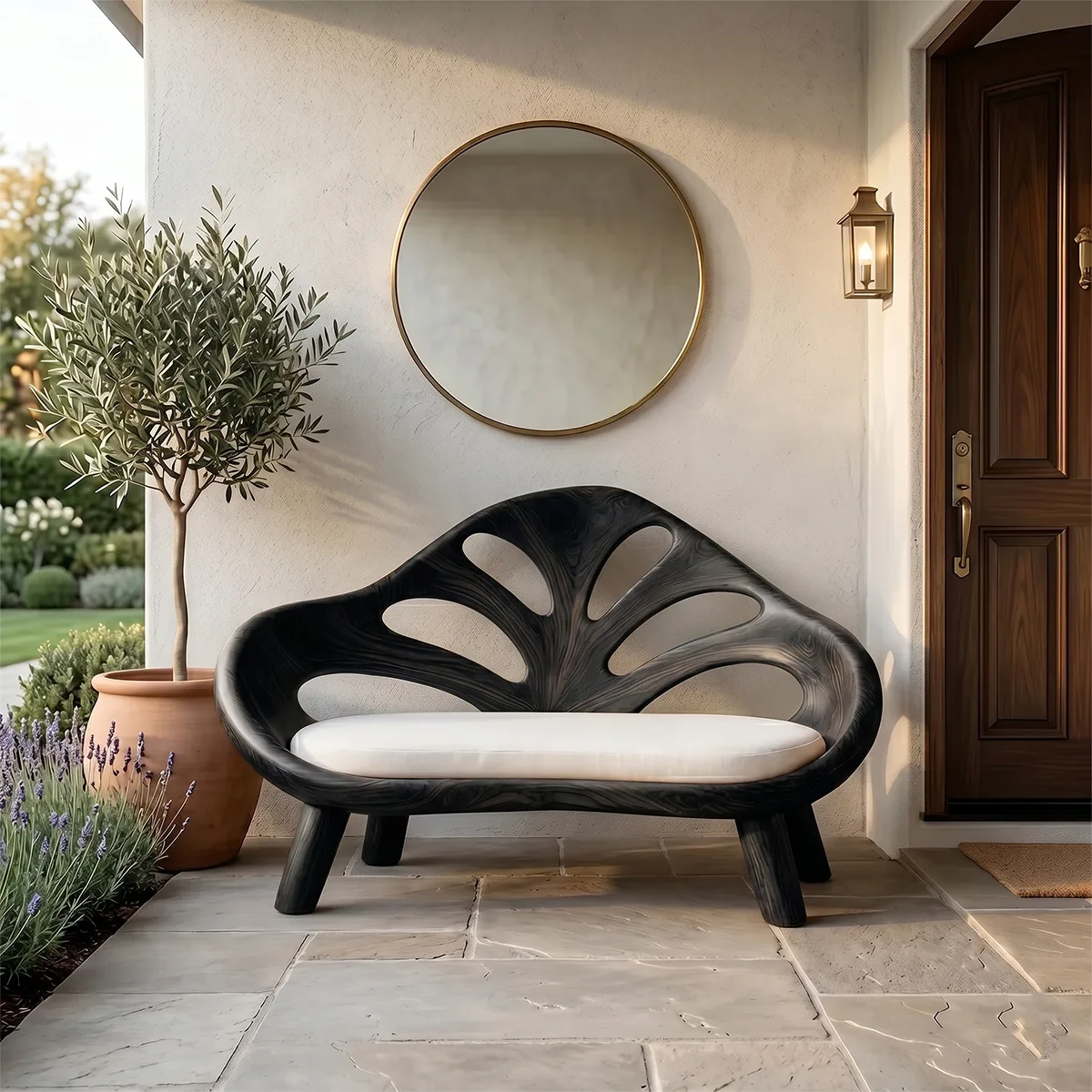 Organic Sculptural Wooden Bench with Artistic Openwork Backrest TH003-5206