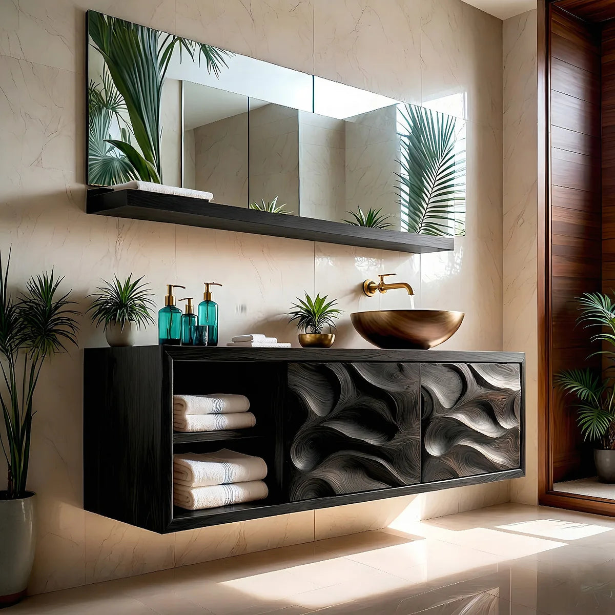 Handcrafted Natural Solid Wood Floating Vanity Cabinet with Carved Doors and Open Shelf