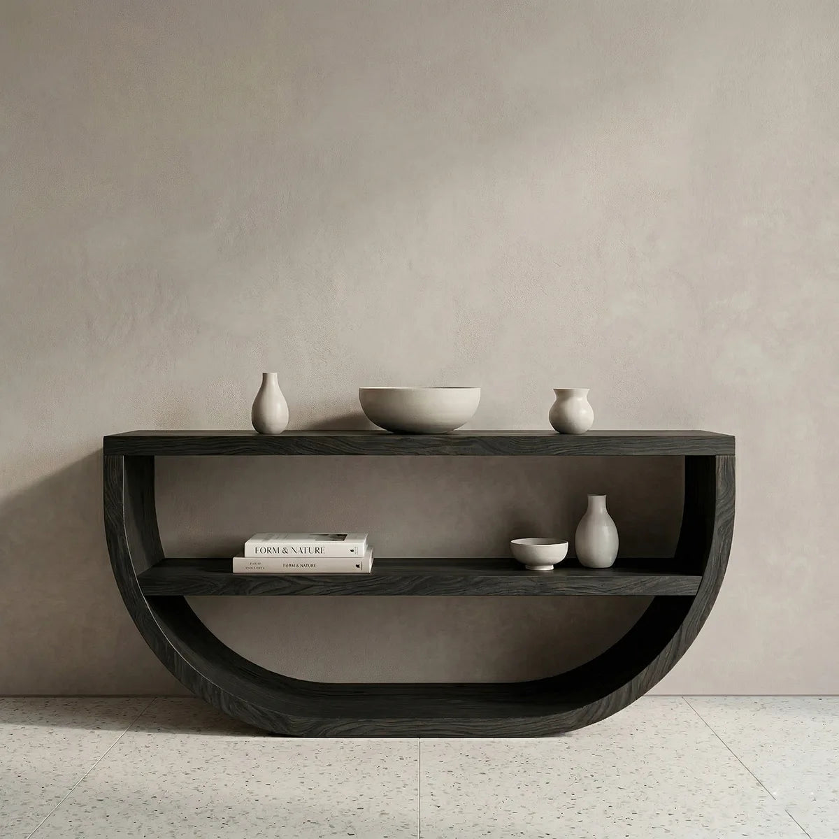 Modern Solid Wood Console Table with Curved Base and Open Shelf