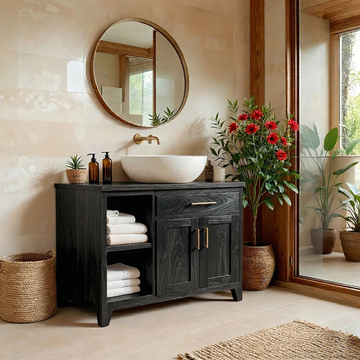 Traditional Bathroom Vanity Cabinet with Storage in Natural Solid Wood