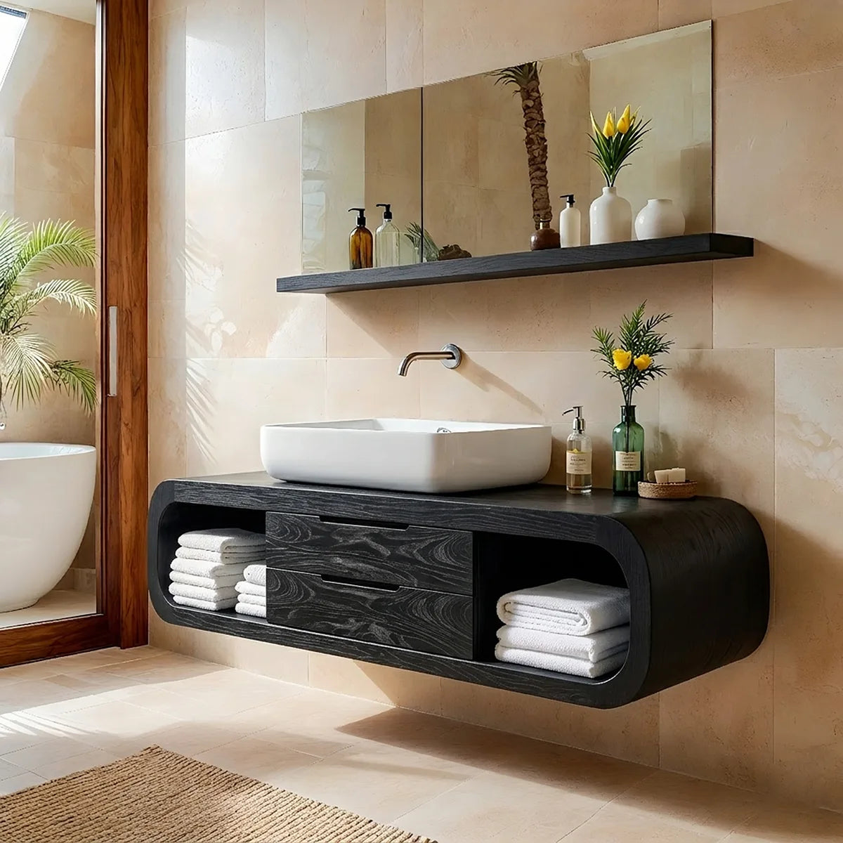 Handcrafted Curved Solid Wood Floating Vanity Cabinet with Drawers and Open Shelves
