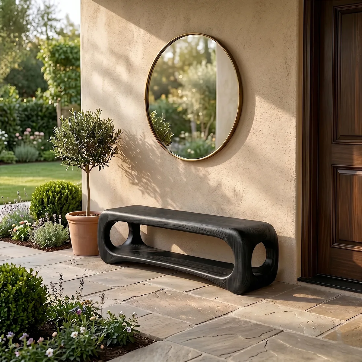 Organic Sculptural Entryway Bench with Integrated Open Shelf TH003-1182