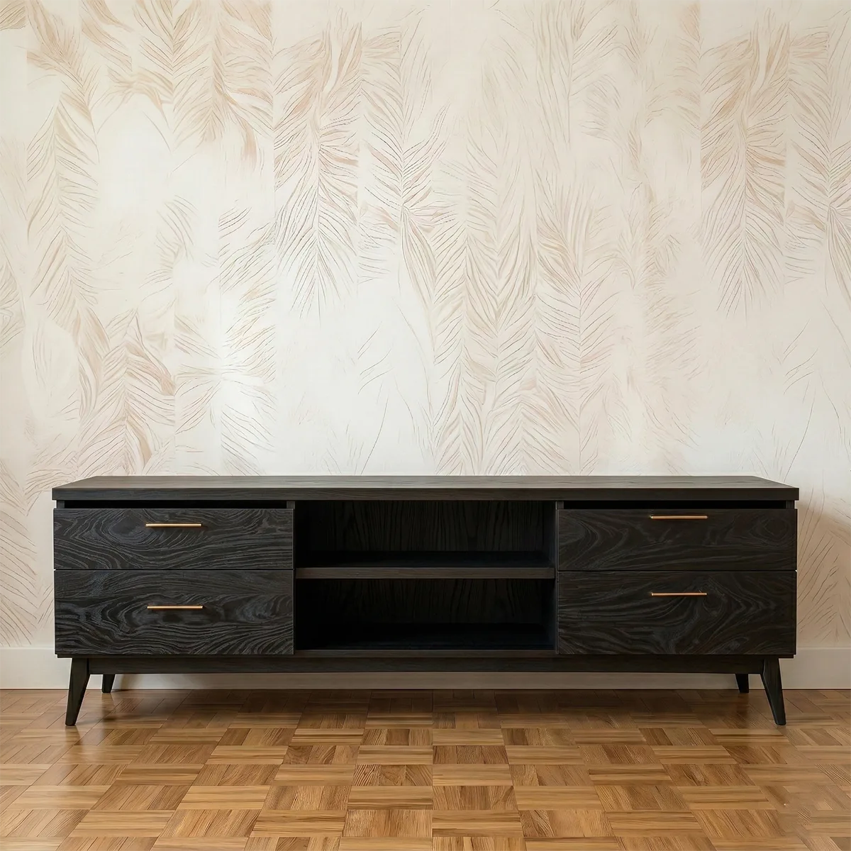 Solid Wood TV Stand with 4 Drawers and Open Center Shelves