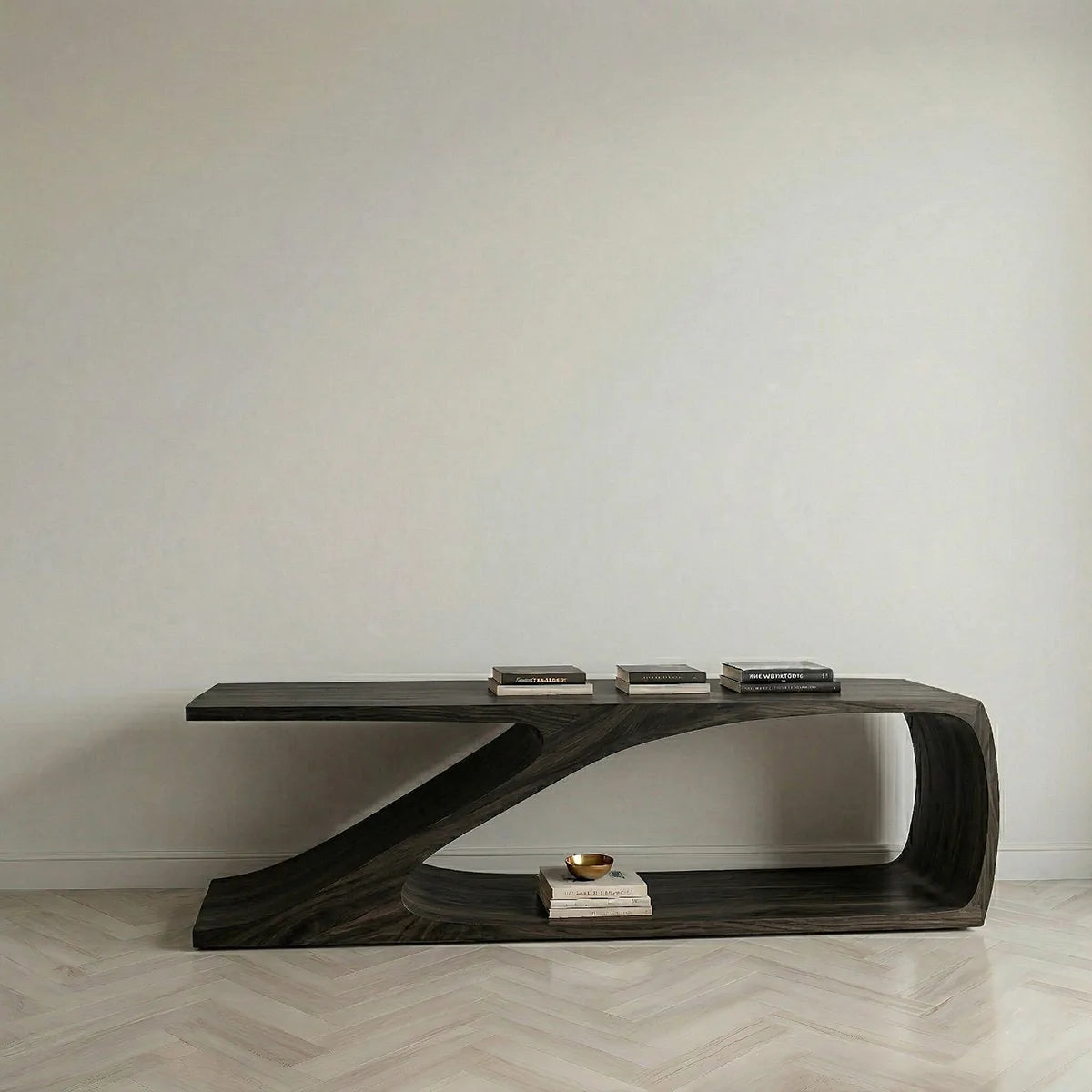 Solid Wood Sofa Console Table with Sculptural Curved Shelf Base