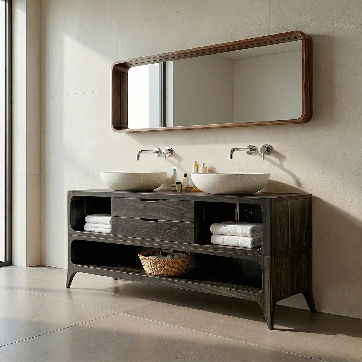 Handcrafted Natural Solid Wood Vanity Cabinet with Drawers and Open Shelves