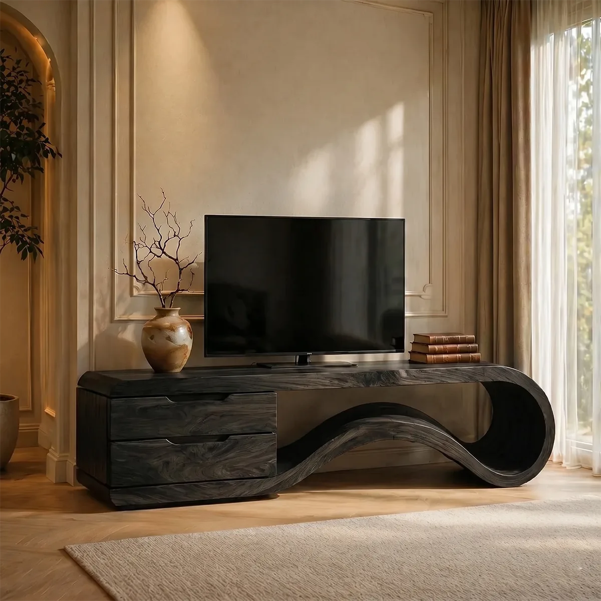 Solid Wood TV Console with Sculptural Wave Shelf and 2 Drawers