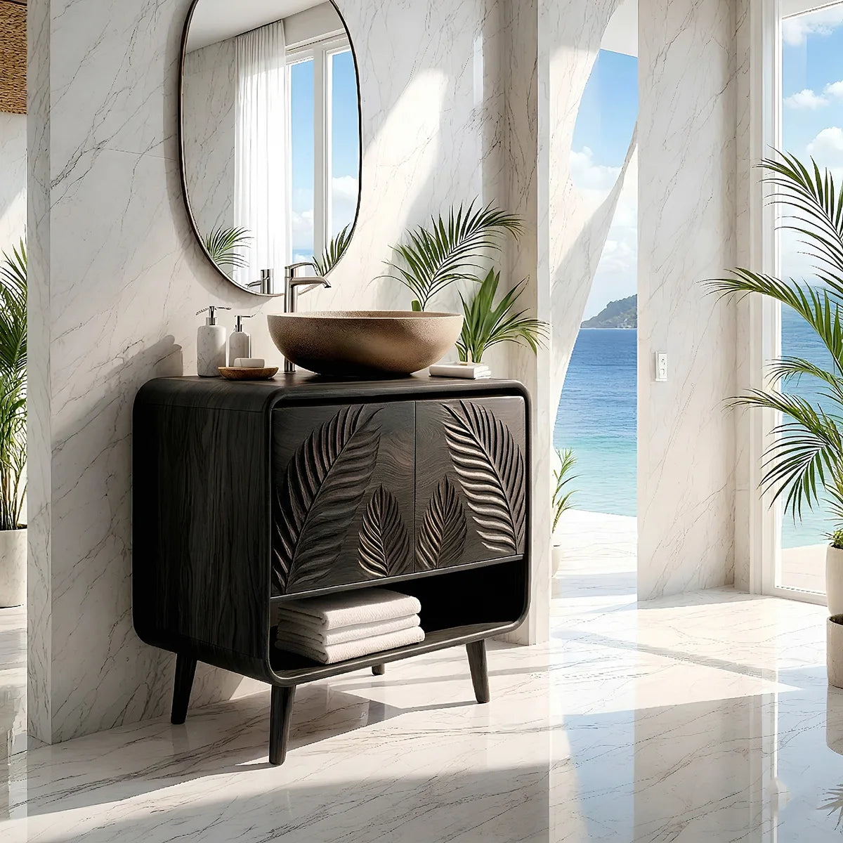 Handcrafted Solid Wood Vanity Cabinet with Carved Doors and Open Shelf