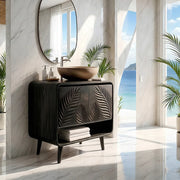 Handcrafted Solid Wood Vanity Cabinet with Carved Doors and Open Shelf