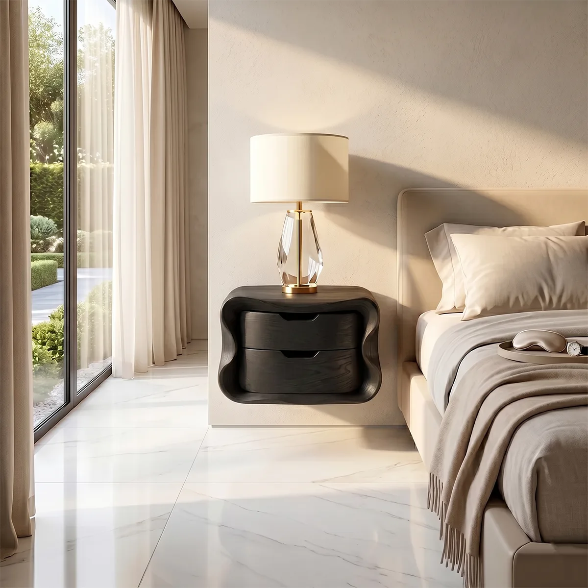 Floating Nightstand with 2 Drawers | Modern Curved Wall Mounted Bedside Table TH003-8175
