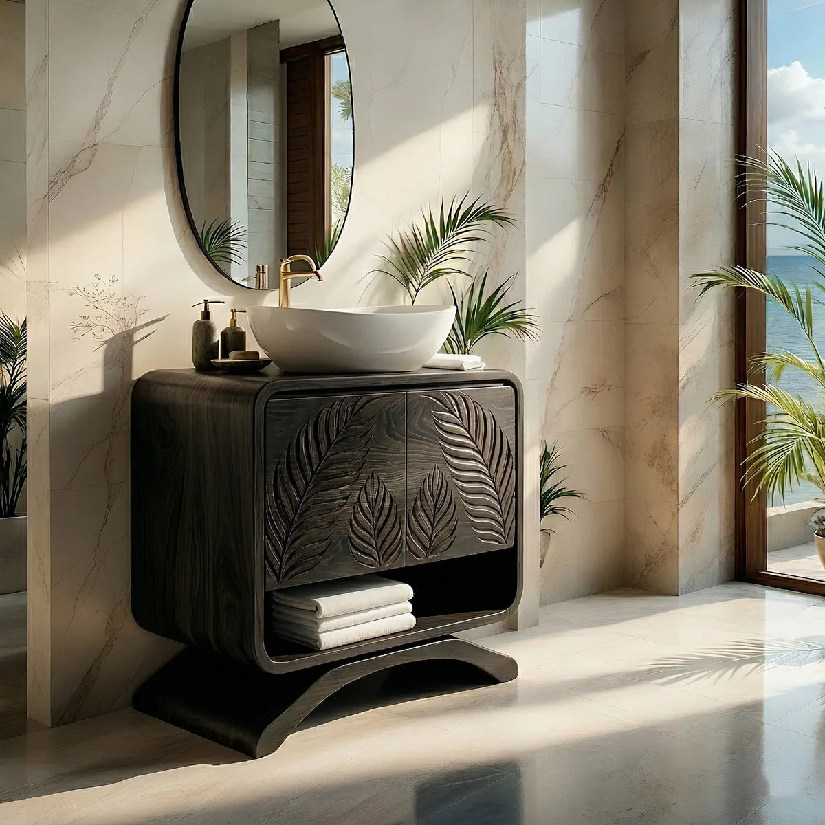 Handcrafted Solid Wood Vanity Cabinet with Carved Doors