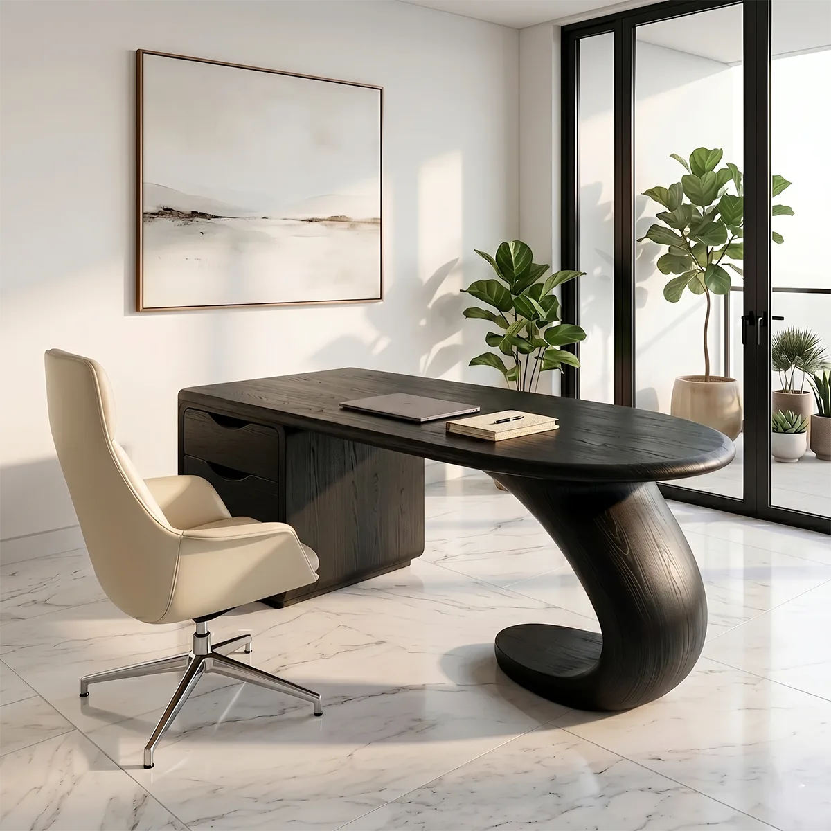 Sculptural Executive Desk | Modern Waterfall Office Desk with Storage TH003-5960