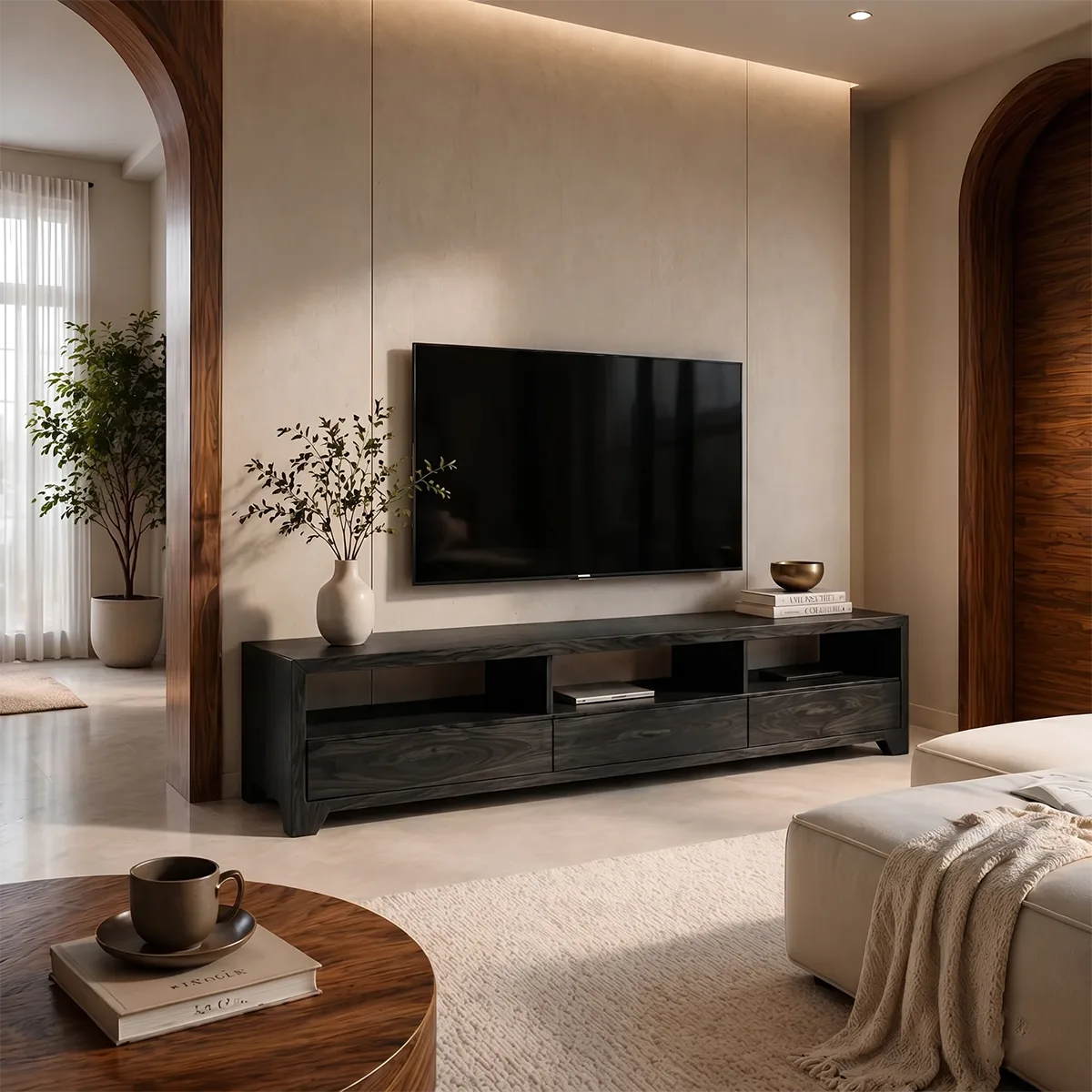 Minimalist Media Console with Open Shelves and 3 Drawers
