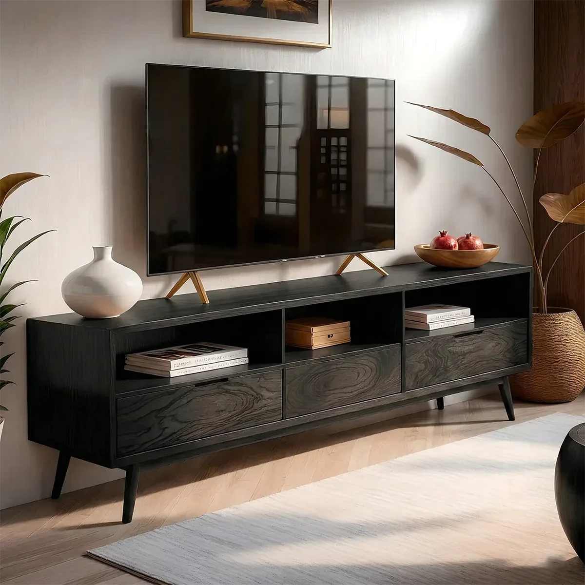 Mid Century TV Stand with Open Shelves and 3 Drawers