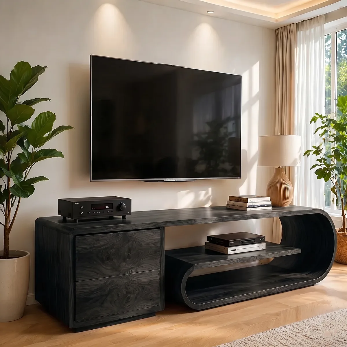 Solid Wood TV Stand with Rounded Open Shelf and 2 Drawers