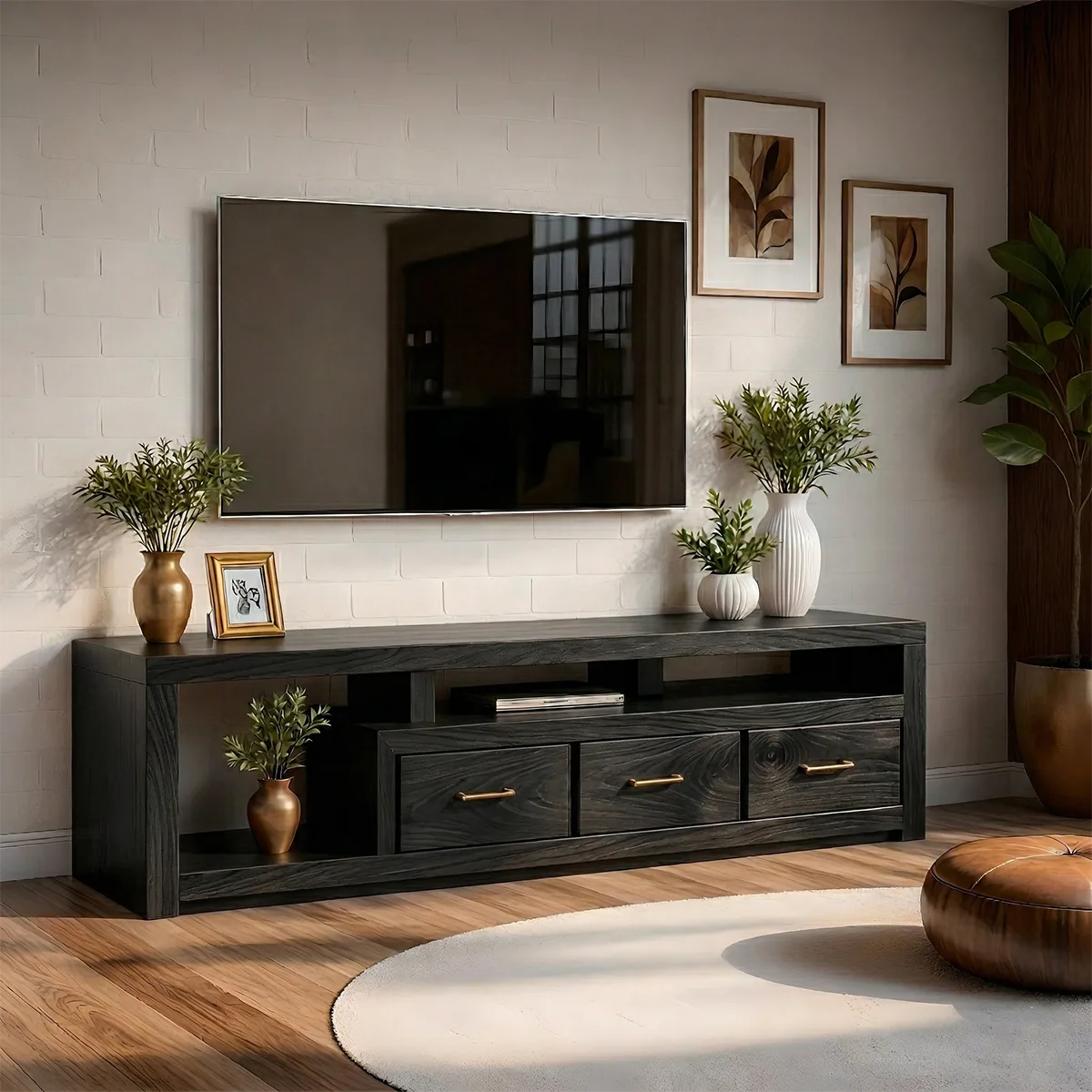 Solid Wood TV Stand with Open Shelves and 3 Drawers