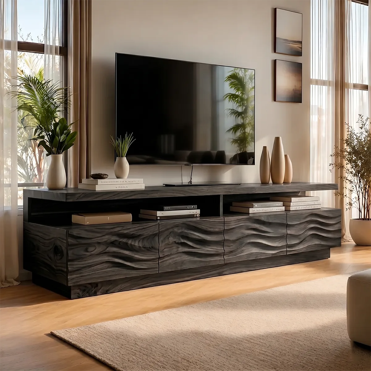 Wave Front TV Console with Open Shelves and 4 Drawers