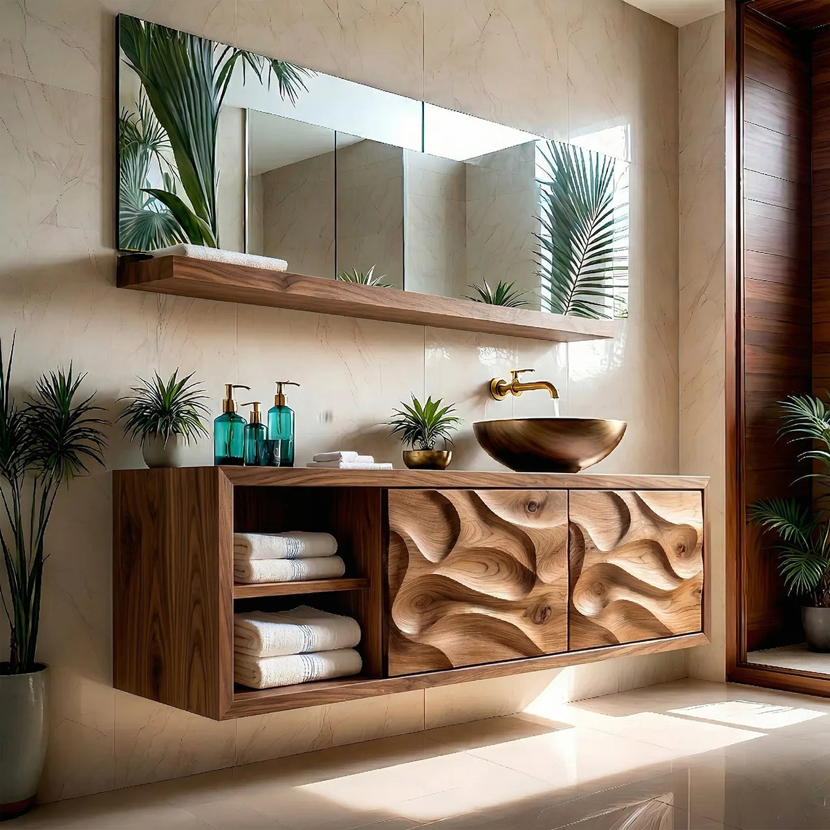 Handcrafted Natural Solid Wood Floating Vanity Cabinet with Carved Doors and Open Shelf