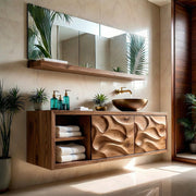 Handcrafted Natural Solid Wood Floating Vanity Cabinet with Carved Doors and Open Shelf