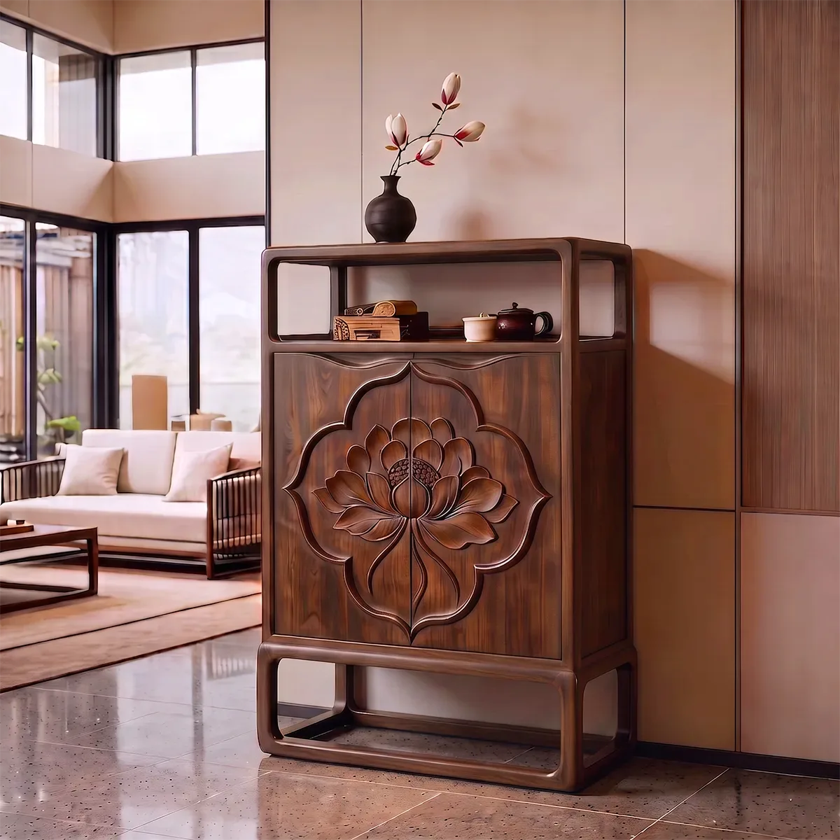 Lotus Carved Sideboard with Open Display Shelf | Sculptural Storage Cabinet HG021-1UIU6MD