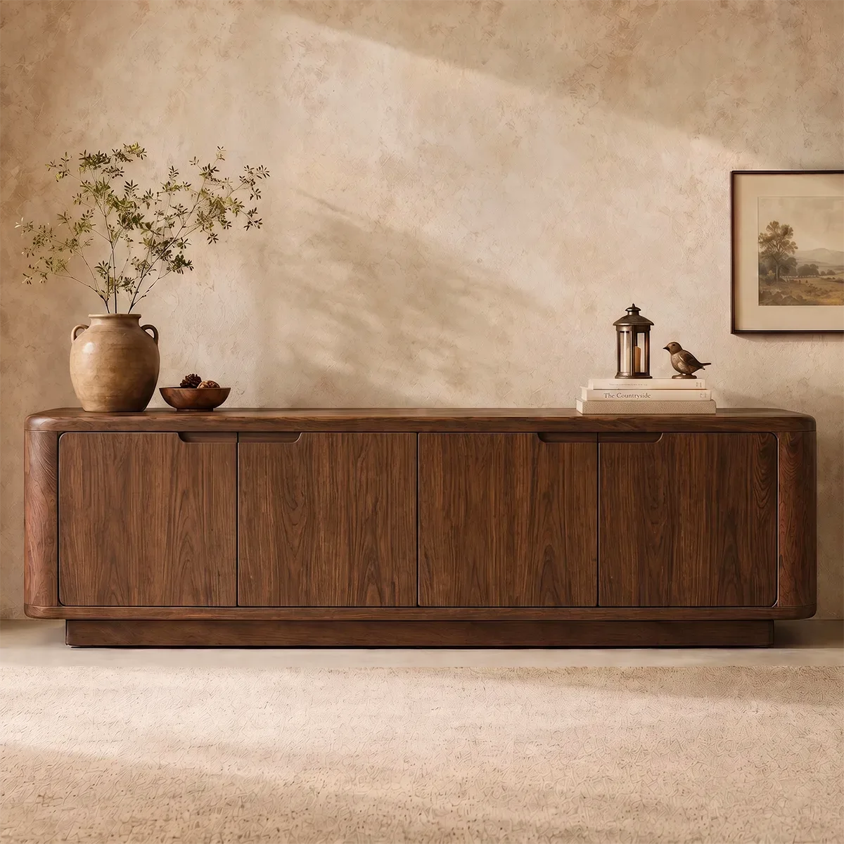 Rounded Wood TV Stand with 4 Doors | Modern Media Console HG021-4STO9LS