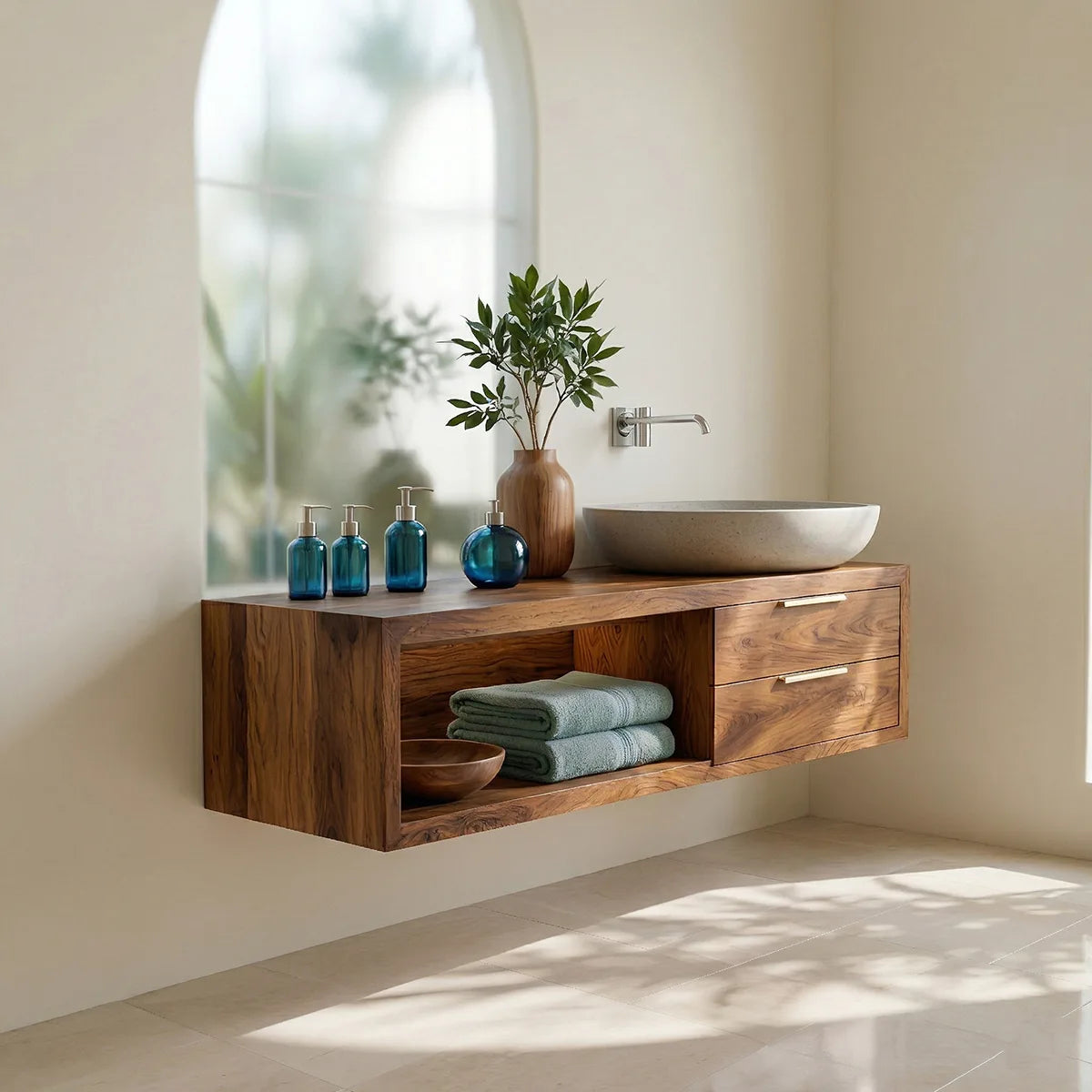 Natural Wood Floating Vanity Idea For Bathroom Upgrade