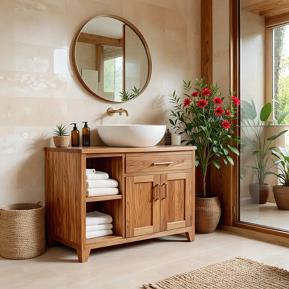 Traditional Bathroom Vanity Cabinet with Storage in Natural Solid Wood