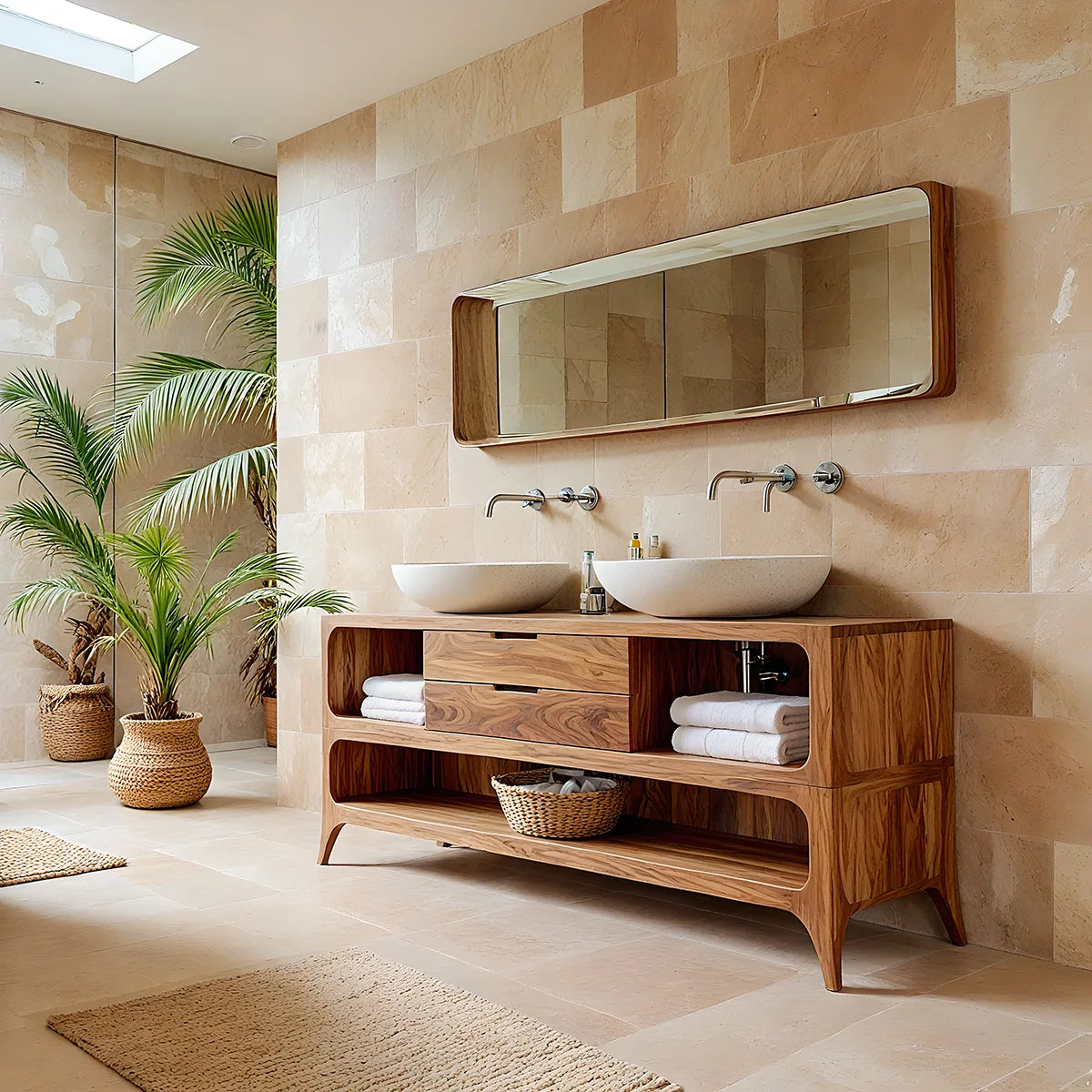 Handcrafted Natural Solid Wood Vanity Cabinet with Drawers and Open Shelves