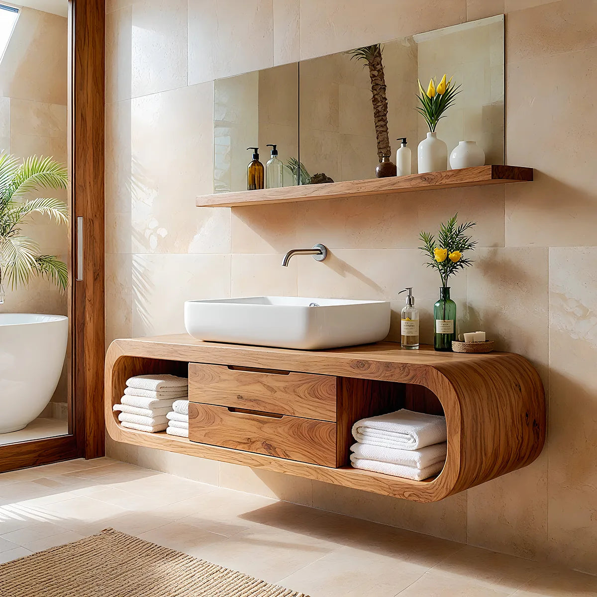 Handcrafted Curved Solid Wood Floating Vanity Cabinet with Drawers and Open Shelves