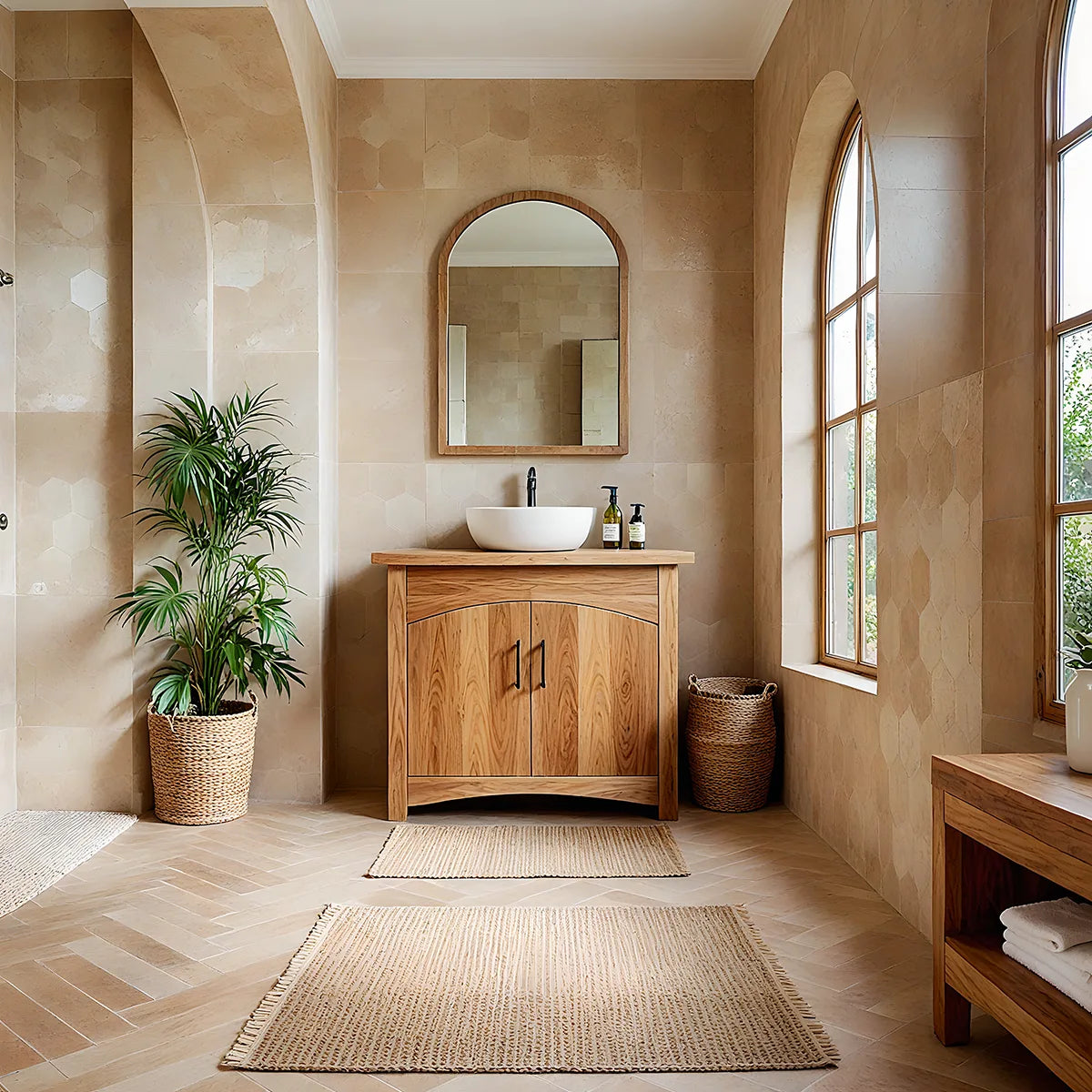 Modern Solid Wood Bathroom Vanity Cabinet with Curved Double Doors