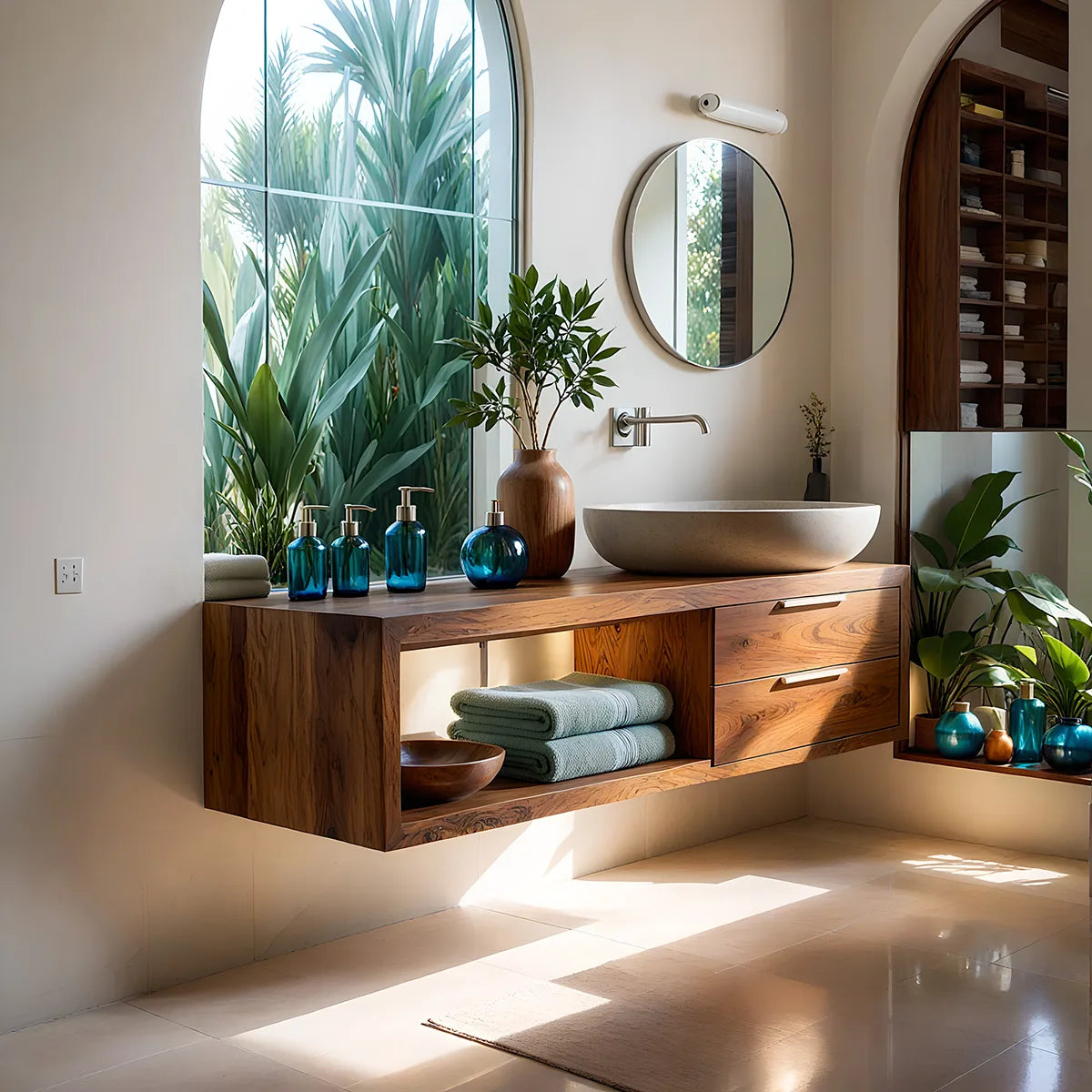 Natural Wood Floating Vanity Idea For Bathroom Upgrade