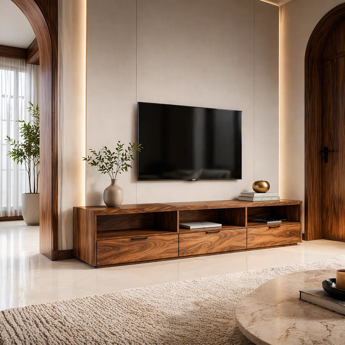 Modern Media Console with Open Shelves and 3 Drawers