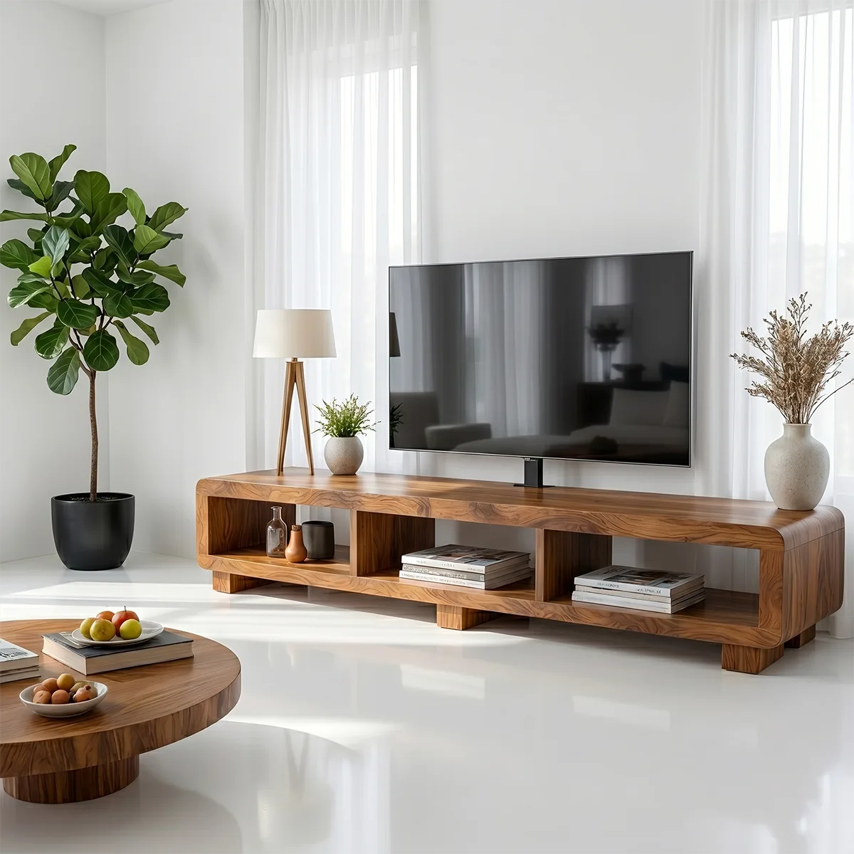 Modern Solid Wood Open Media Console TV Stand