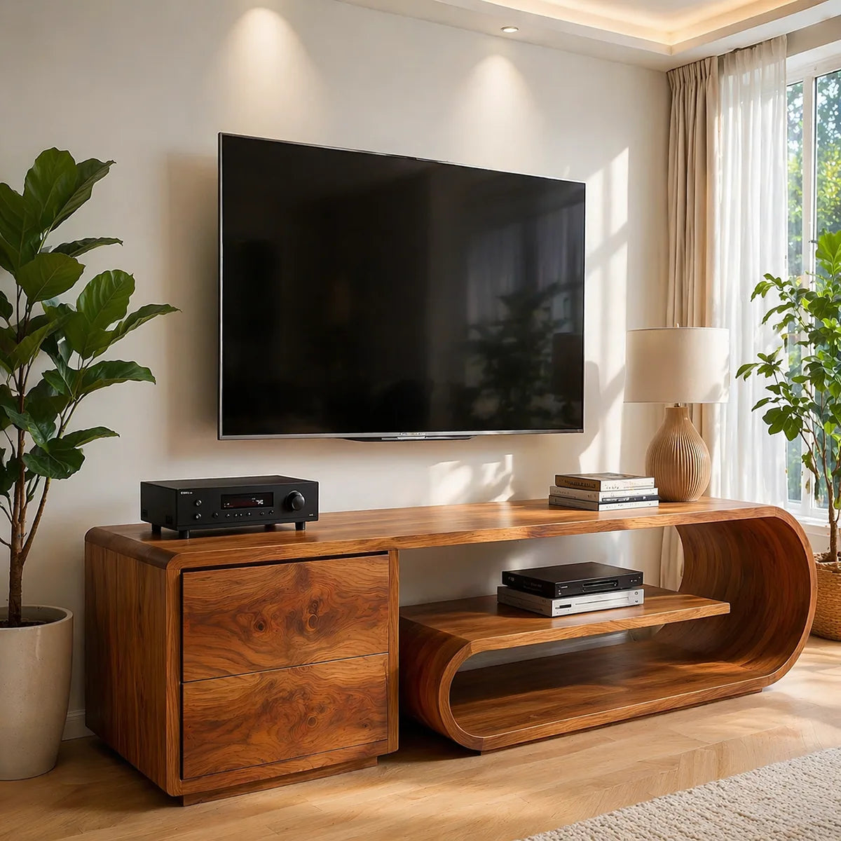 Solid Wood TV Stand with Rounded Open Shelf and 2 Drawers
